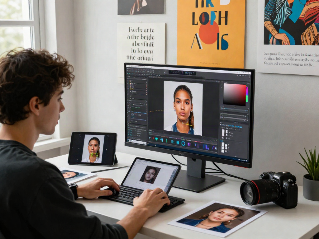 Discover how old do I look in a modern urban photo editing studio, showcasing age estimation tools and vibrant creative elements.