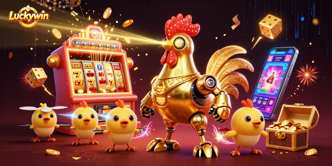 Luckywin creates an exciting atmosphere with golden rooster robots and engaging slots bursting with coins.