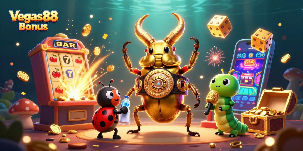 Experience the excitement of Vegas88 Bonus with vibrant slot symbols and a dynamic casino atmosphere.
