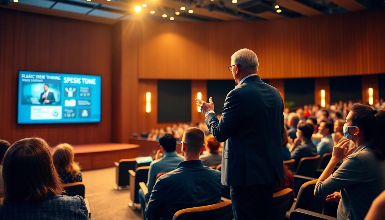 Engaging moment from a Public Speaking Training session, highlighting a confident speaker captivating the audience.