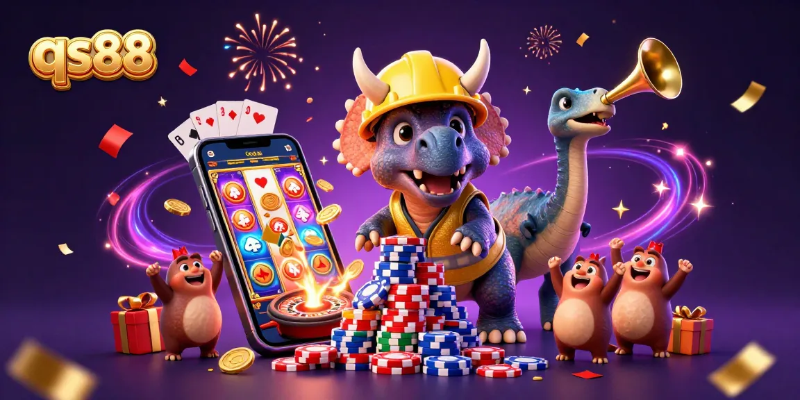 Experience the excitement of qs88 as characters celebrate with poker chips and casino games.