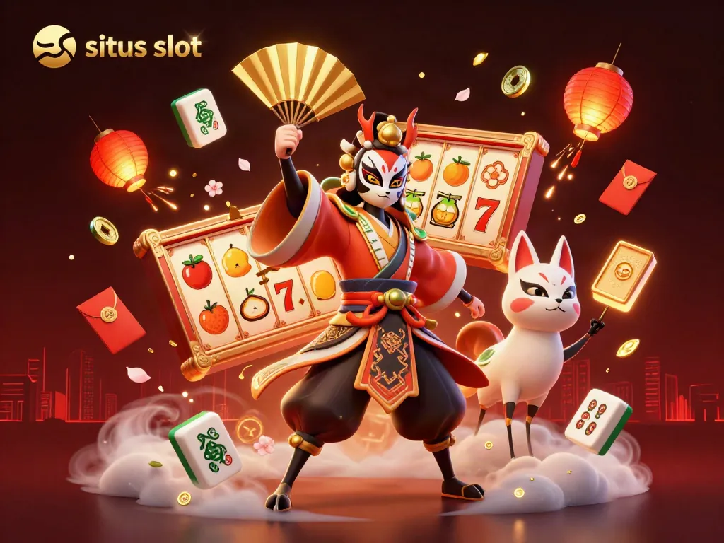 Menyenankan permainan situs slot dengan karakter kabuki dan elemen keberuntungan lainnya.