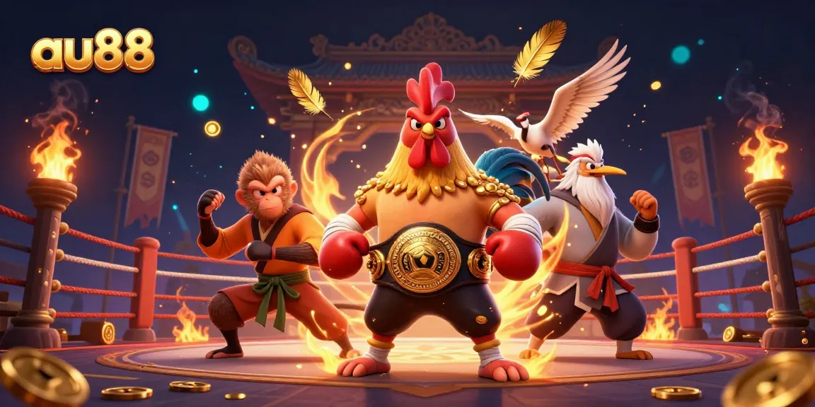 Experience exhilarating gaming action at au88 with a vibrant Muay Thai rooster and martial artists.