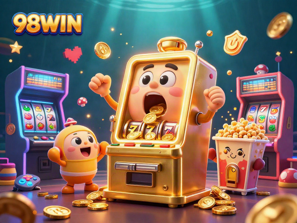 Engage with 98WIN in an exciting 3D scene featuring a golden slot machine hitting jackpot!