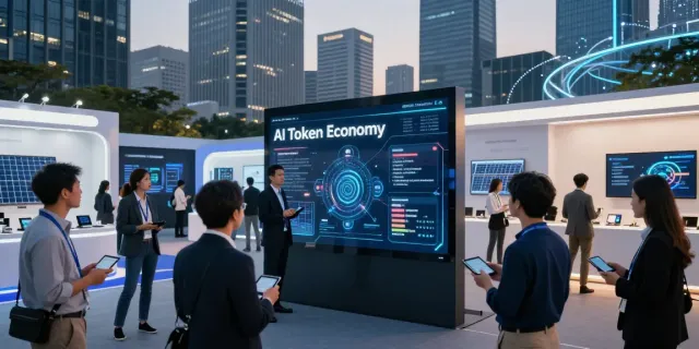 Diverse professionals collaborating at a tech conference on AI Token Economy insights under modern urban skyline.