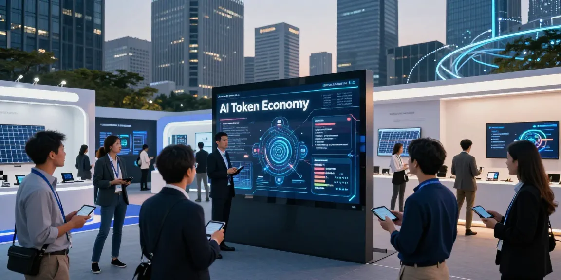 Diverse professionals collaborating at a tech conference on AI Token Economy insights under modern urban skyline.