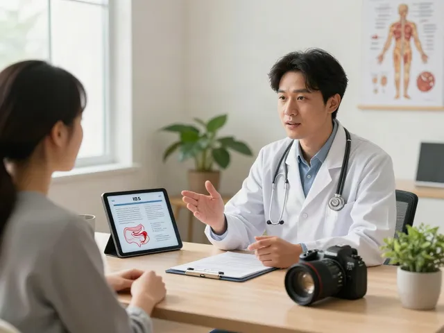 Doctor explaining IBS treatment options to patient in a warm office.