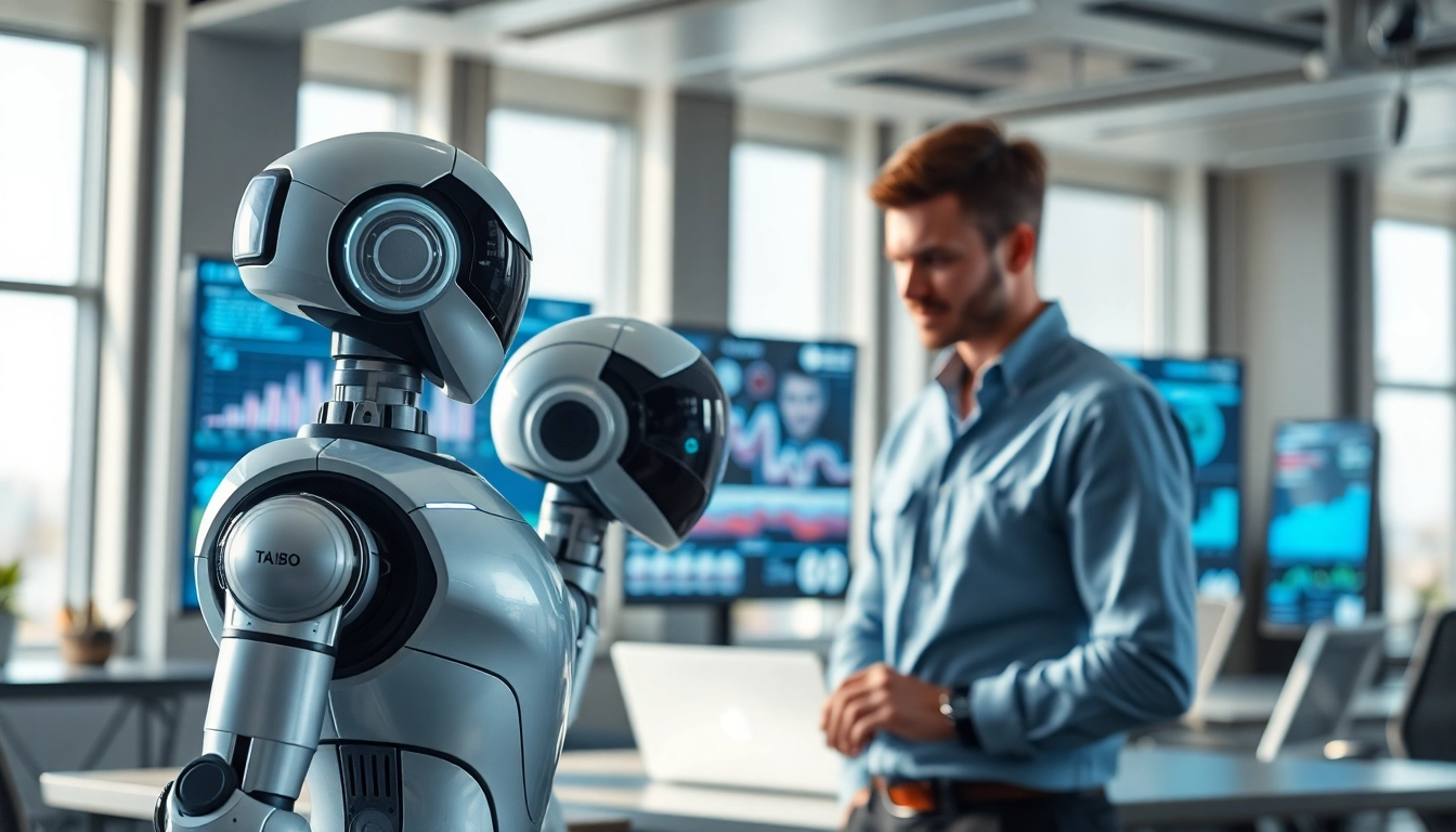 Engaging Ai Bots collaborating with humans in a futuristic workspace.