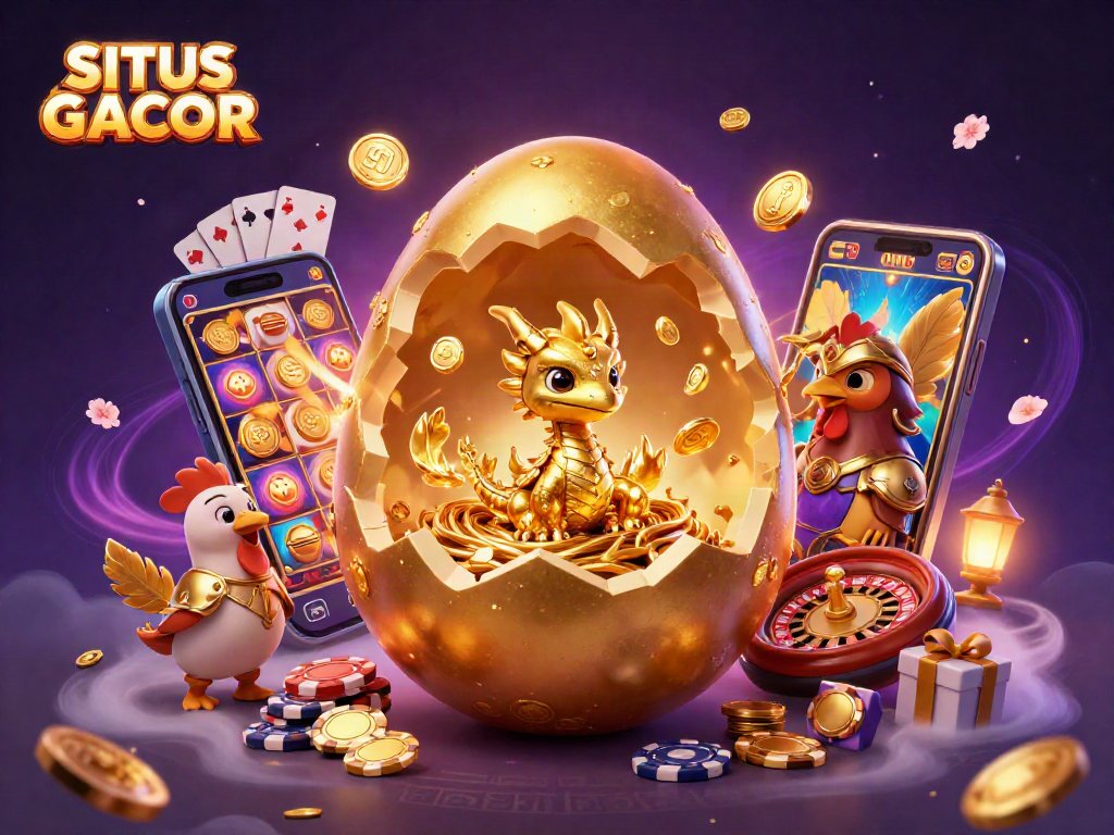 SITUS GACOR showcases a majestic dragon emerging from a golden egg amidst a vibrant casino atmosphere, enhancing the thrill of slots.