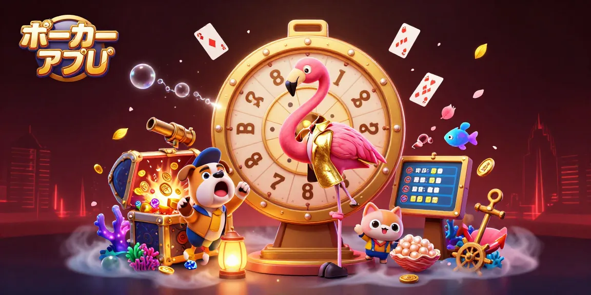 ポーカーアプリを体験しながら、豪華なシーンでゲームを楽しむ可愛いキャラクターたち。