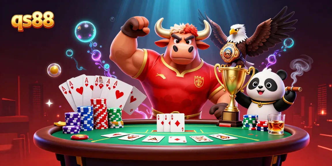 Immerse in the vibrant world of qs88, showcasing a bull mascot celebrating a poker victory with a trophy, surrounded by gaming elements.