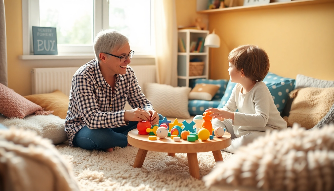Engaging child in Play Therapy with a therapist in a colorful room, showcasing toys and positive interactions.