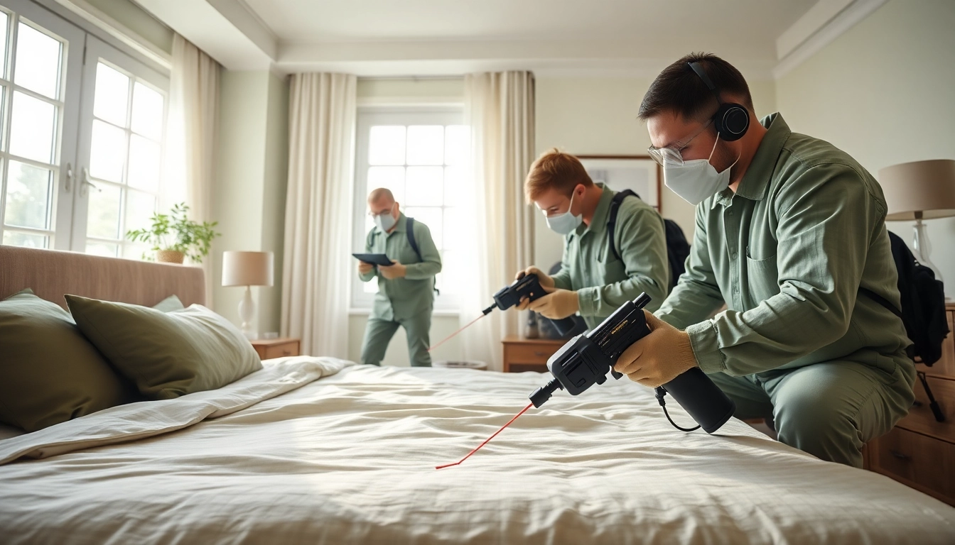 Bed bug exterminators inspecting a bedroom for infestations with advanced tools and bright lighting.