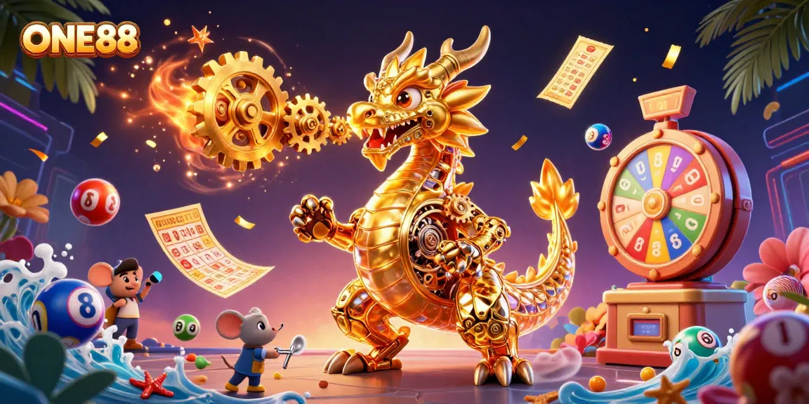 Experience the excitement of ONE88 with a golden dragon celebrating lottery wins among vibrant game elements.