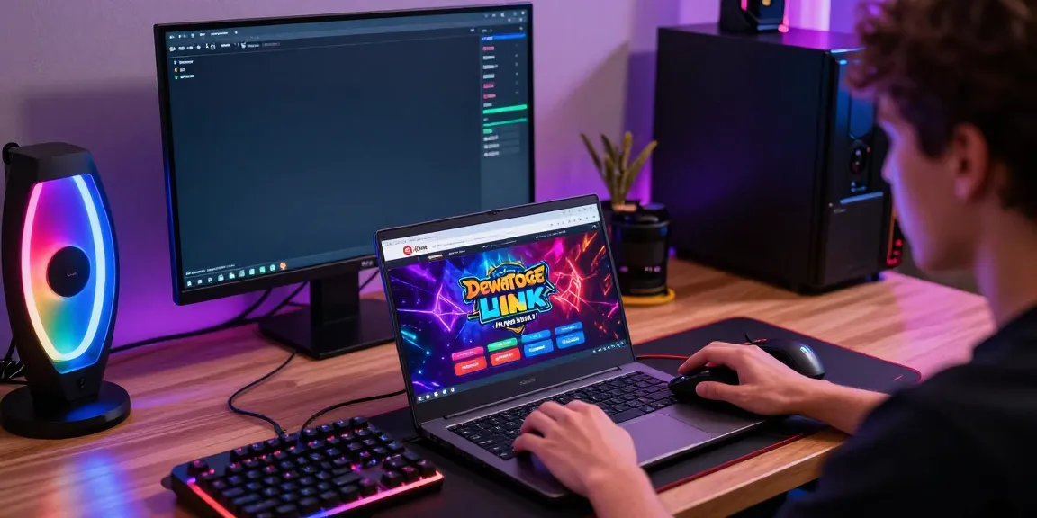 Dewatogel Link Alternatif gaming scene with a player on a laptop, vibrant gaming accessories, and colorful decor.