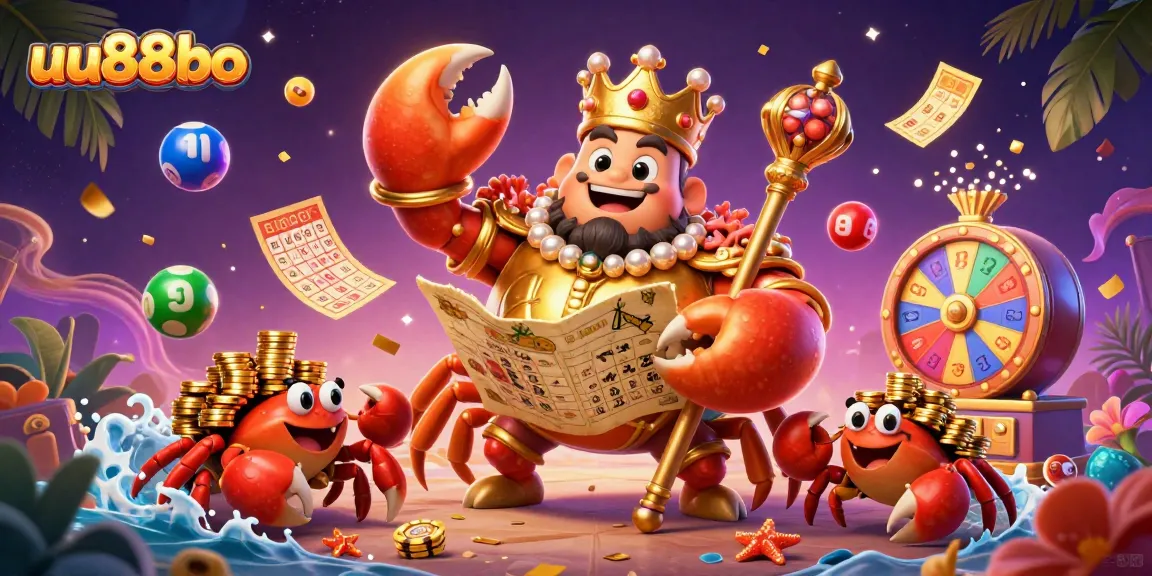 uu88bo engages players with an energetic lottery scene featuring colorful elements and a golden crab emperor.