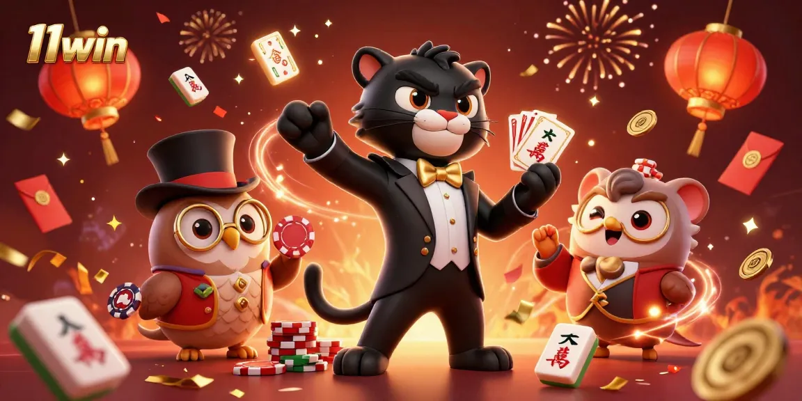 11win characters celebrate with poker chips and mahjong tiles in a vibrant casino scene.