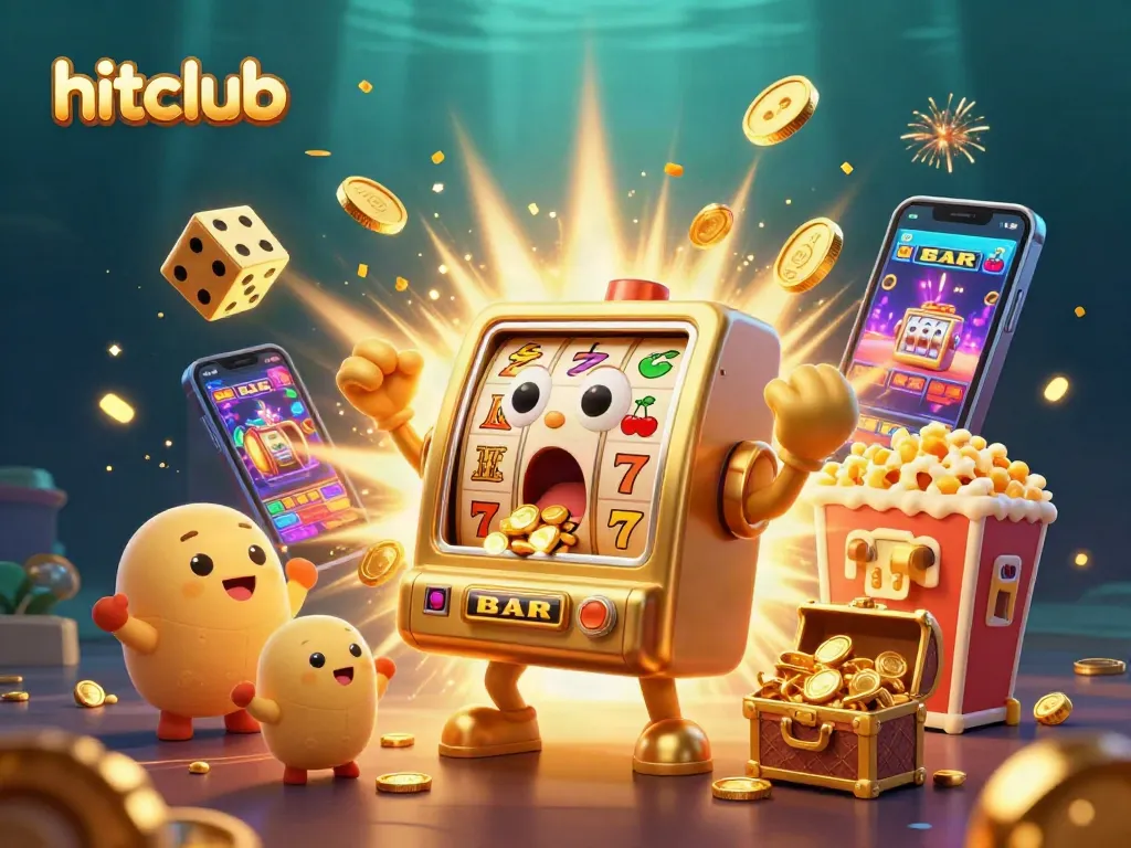 hitclub players enjoy a jackpot explosion with animated slot machines and golden rewards in a vibrant casino setting