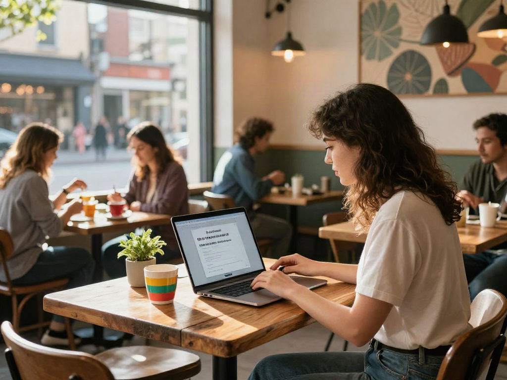 Engaging in an attractive test at a café with vibrant ambiance and technology.