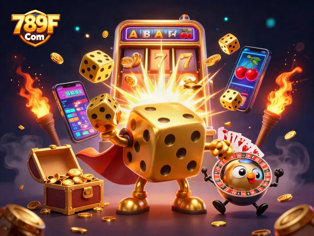 Experience thrilling gaming with 789F Com's vibrant casino scene featuring golden dice and slot machines.