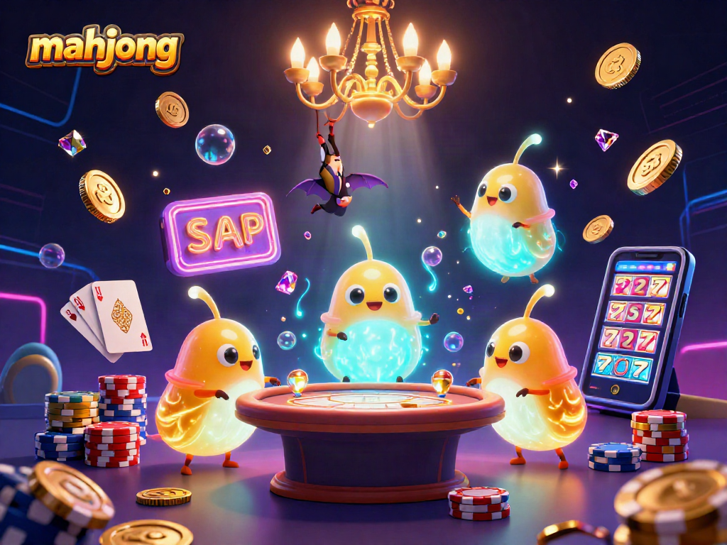 Experience mahjong excitement with glowing worm characters lighting a vibrant casino scene filled with gems and coins.
