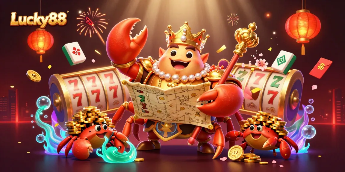 Spin the Lucky88 reels with a vibrant 3D illustration showcasing the golden crab emperor amidst casino excitement.