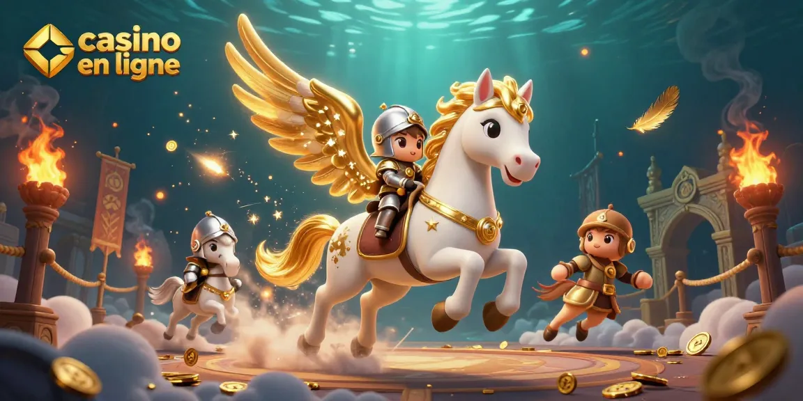 Plongez dans l'univers du casino en ligne avec cette scène captivante d'un cheval céleste et d'un chevalier, entourés d'éléments de jeu passionnants.
