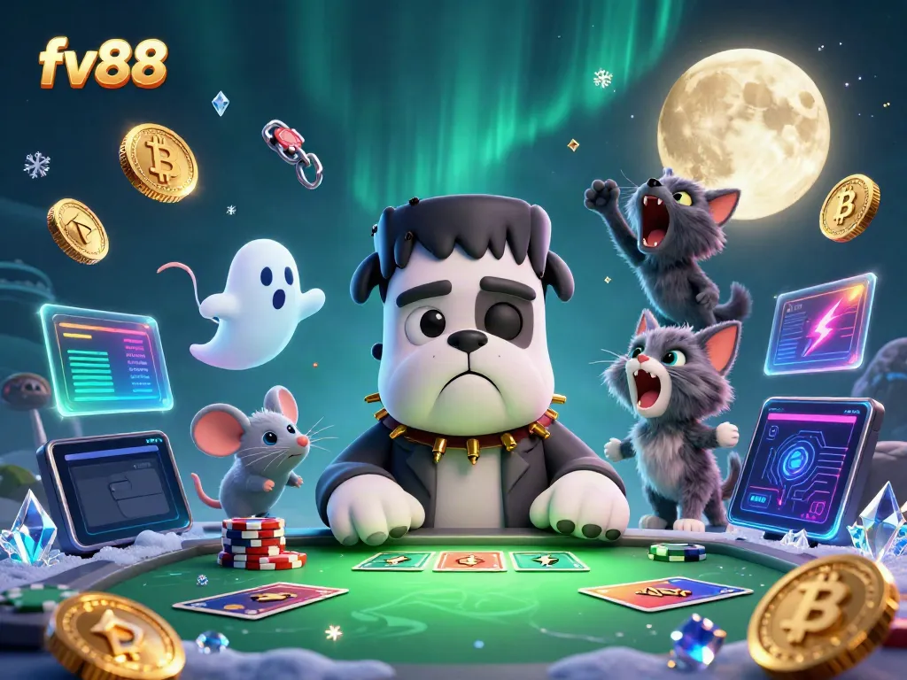 Experience thrilling gameplay at fv88 with vibrant 3D animation of a monster dealing cards in a spooky casino.