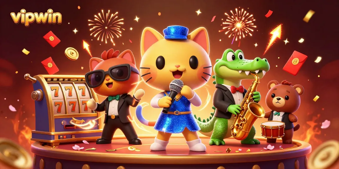 Experience the thrill of vipwin with a vibrant casino scene featuring a singing cat and musician friends.
