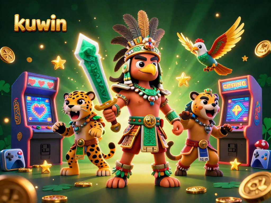 kuwin casino illustration featuring Aztec warriors surrounded by gaming elements and glowing arcade machines