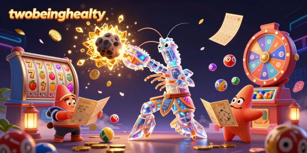 Experience twobeinghealty with a vibrant slot game scene featuring a galactic shrimp and lottery elements.