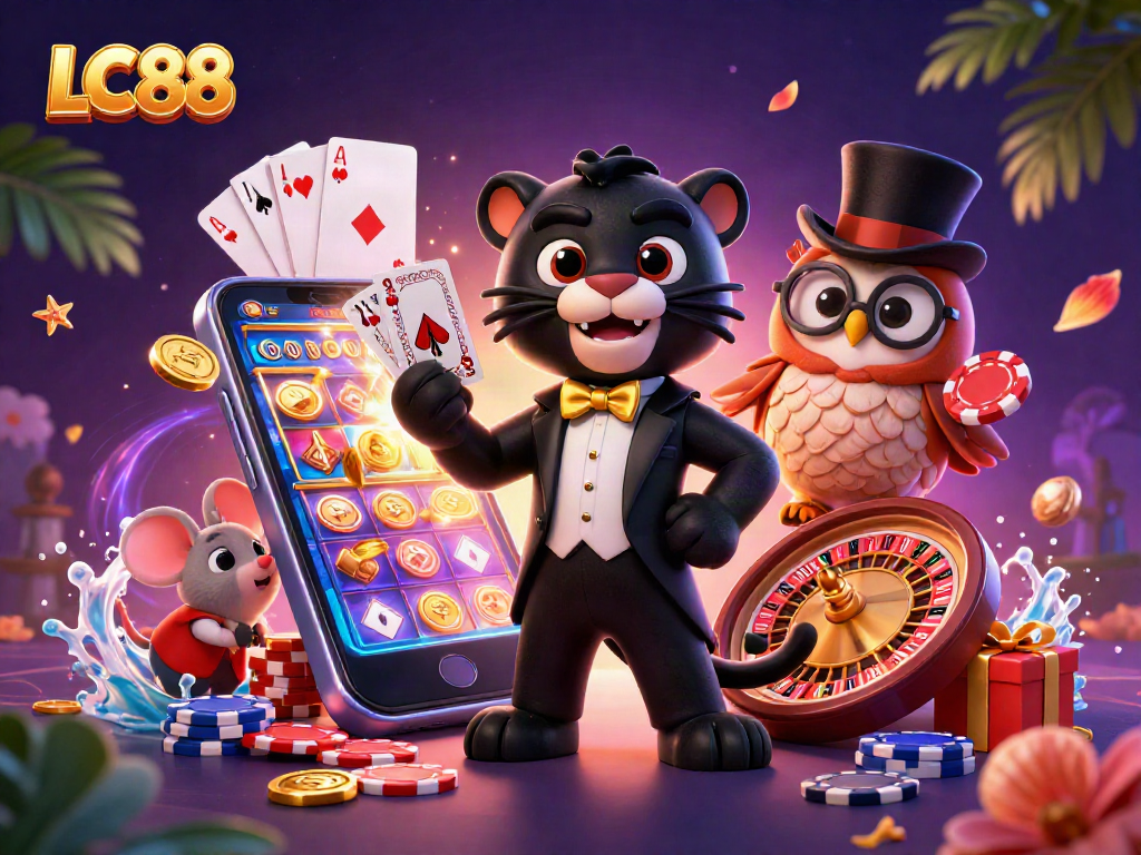 Engage with LC88's thrilling casino card game featuring a stylish panther dealer and fun characters.