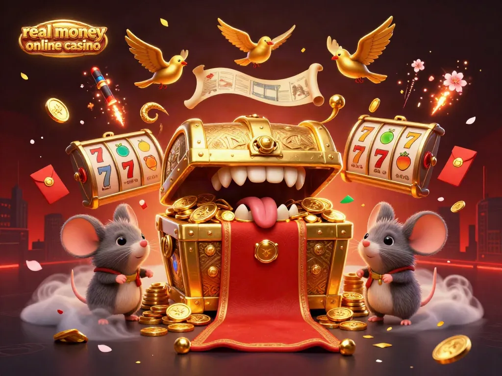 Experience excitement at a real money online casino with a vibrant, animated treasure scene filled with game elements.