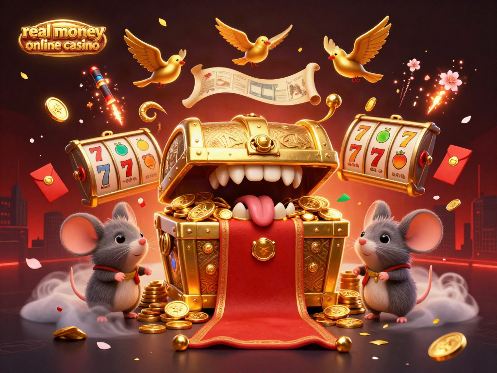 Experience excitement at a real money online casino with a vibrant, animated treasure scene filled with game elements.