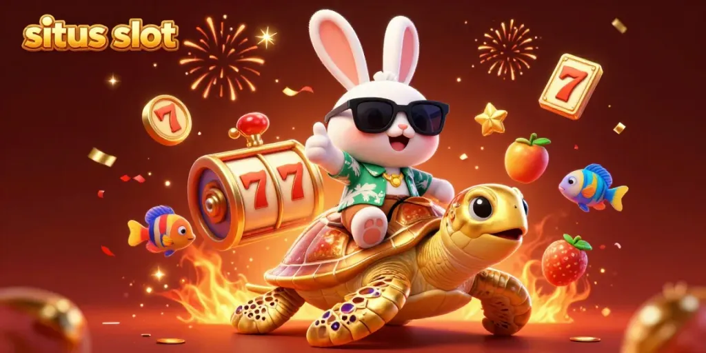 Menggenggam situs slot sambil merayakan kemenangan dengan kelinci keberuntungan dan kura-kura emas.