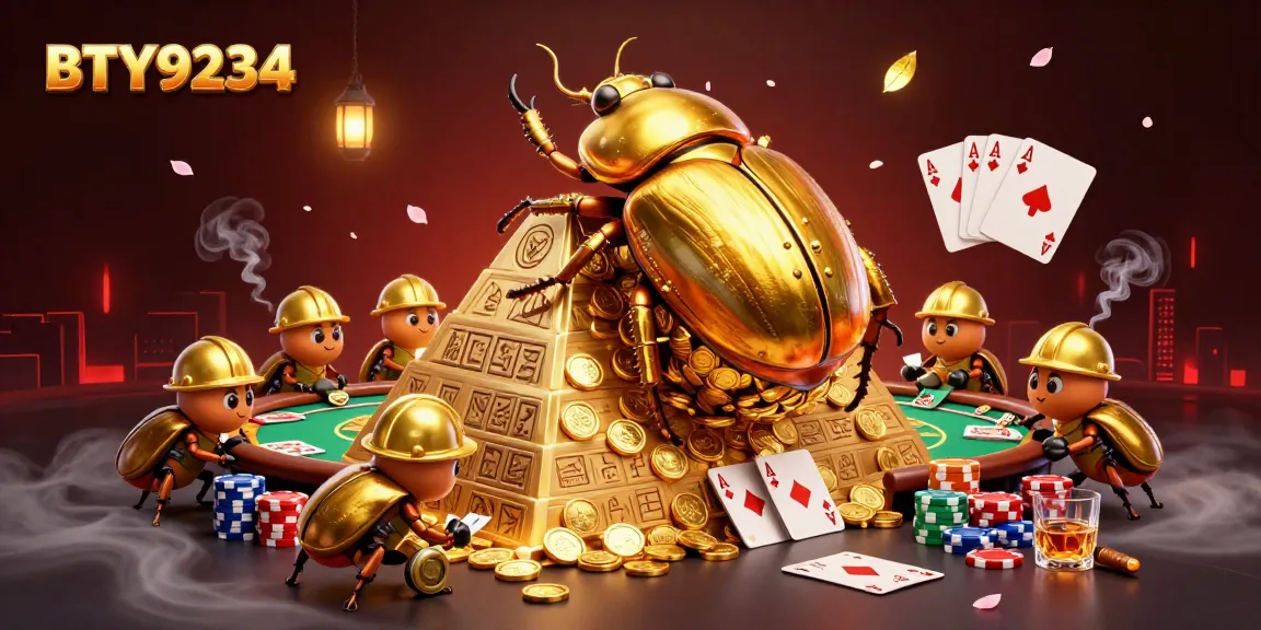 BTY9234 showcases a vibrant 3D scene of casino action with golden beetles rolling coins.