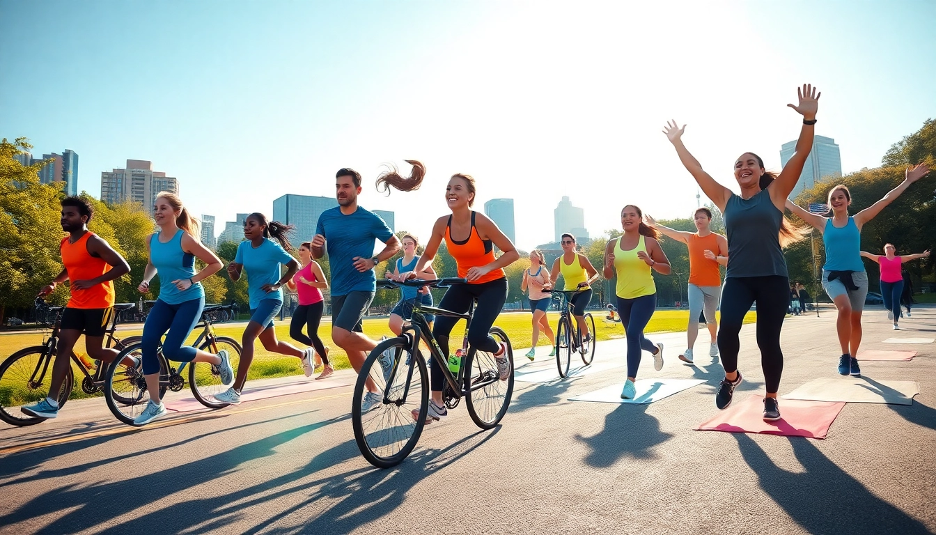 Active athletes in colorful Sportswear enjoying outdoor activities in a vibrant park setting.
