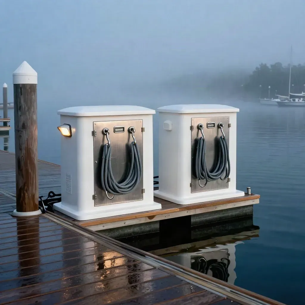 Reserved guest slips with power pedestals and coiled shore cords at blue-hour marina fog.