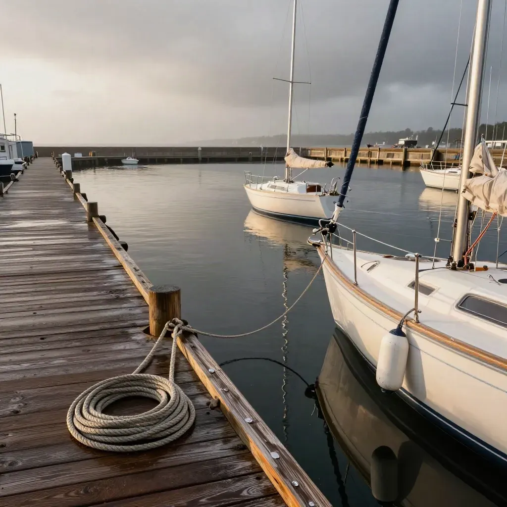 Rain-washed marina basin with sailboats, pilings, fenders, and mirror reflections at blue hour