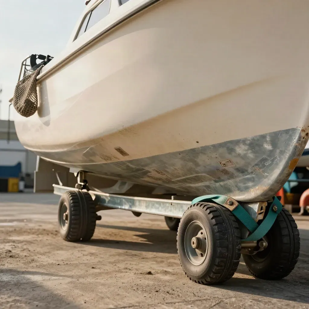 Hauled dinghy hull on cradle blocks with chocks, propeller bag, and teal strap in warm yard sun.