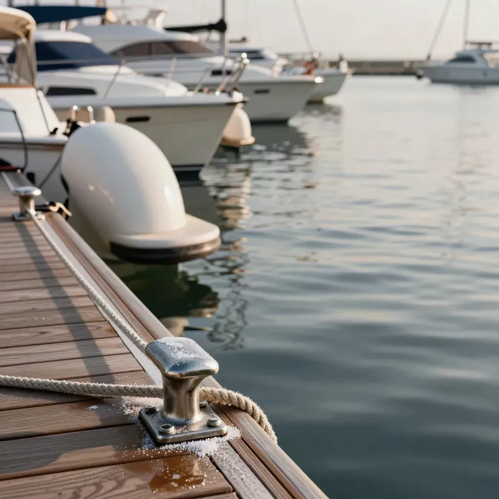Occupied marina slips with cleats, fenders and mooring lines tightly packed along the dock at dusk