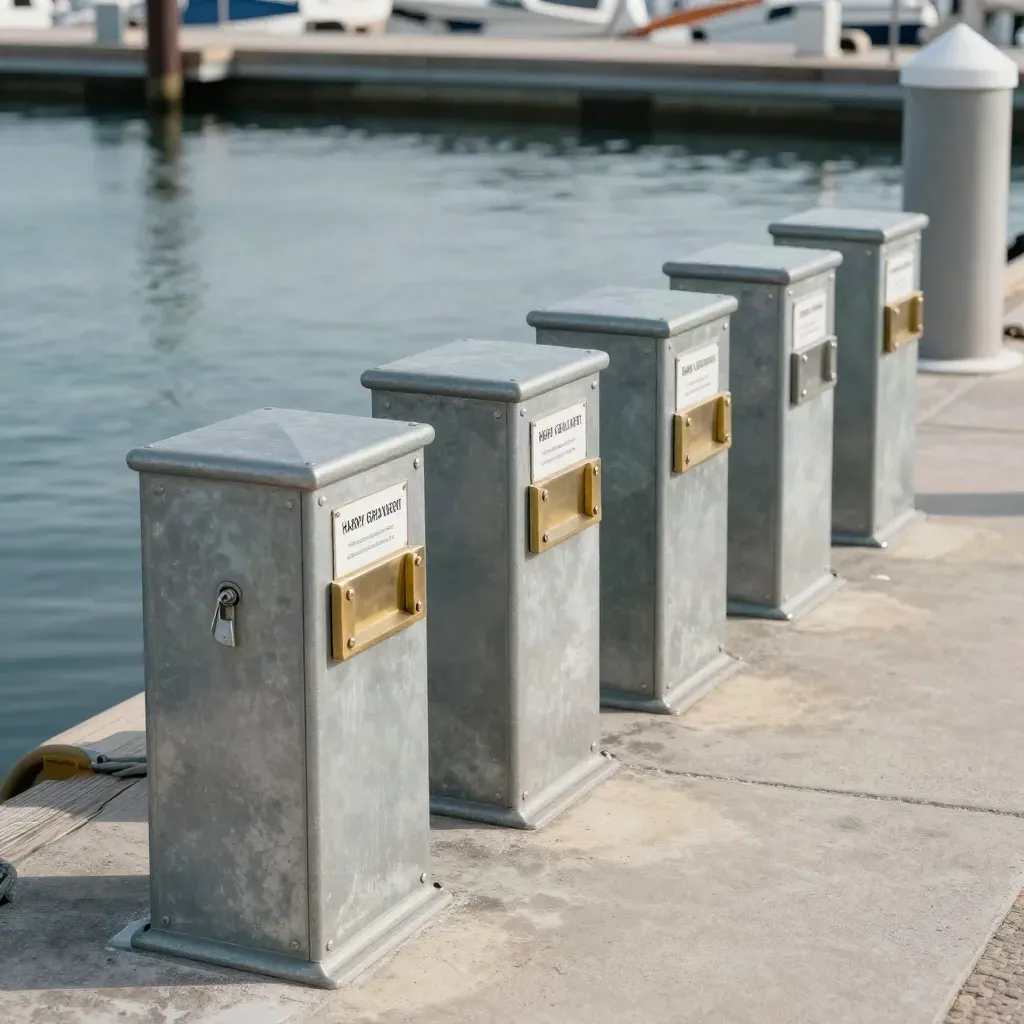 Six updated harbor contact points lined up on a quay with brass markers and dock boxes.