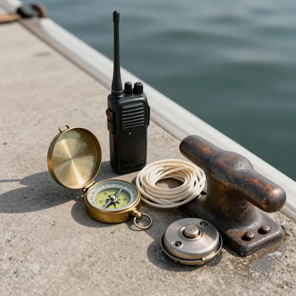 Brass compass, VHF radio, dock line and fuel cap on a marina edge.