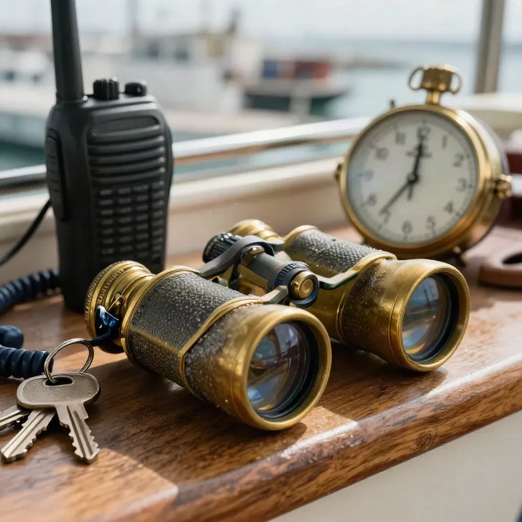 Brass binoculars, VHF handset, keys, and tide clock on worn teak in harbor light