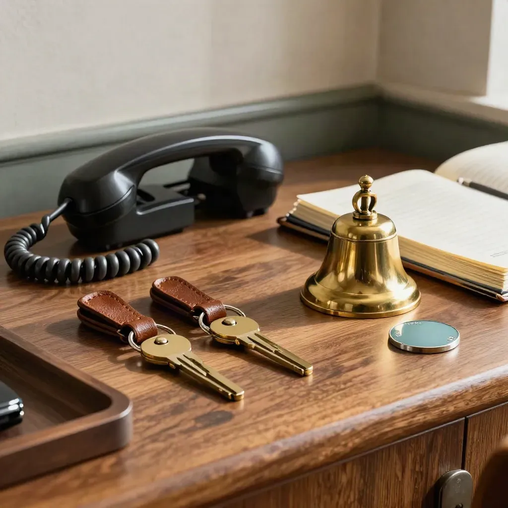 Brass bell, harbor phone, key fobs and ledger on a walnut marina counter.