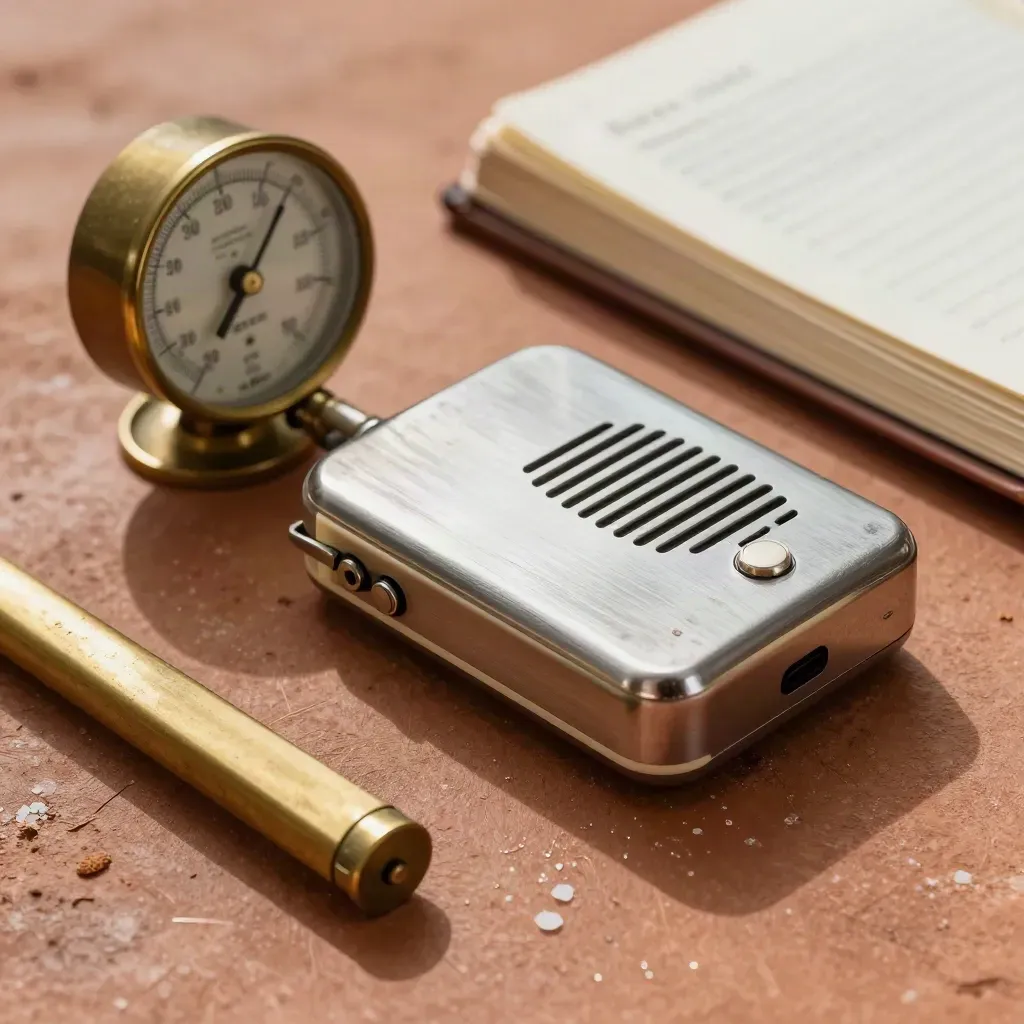 Brass barometer, tide clock, radio and closed logbook on terracotta clay.