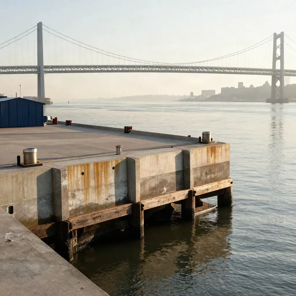 Mid-Atlantic harbor edge with piers and a distant suspension bridge over calm water haze