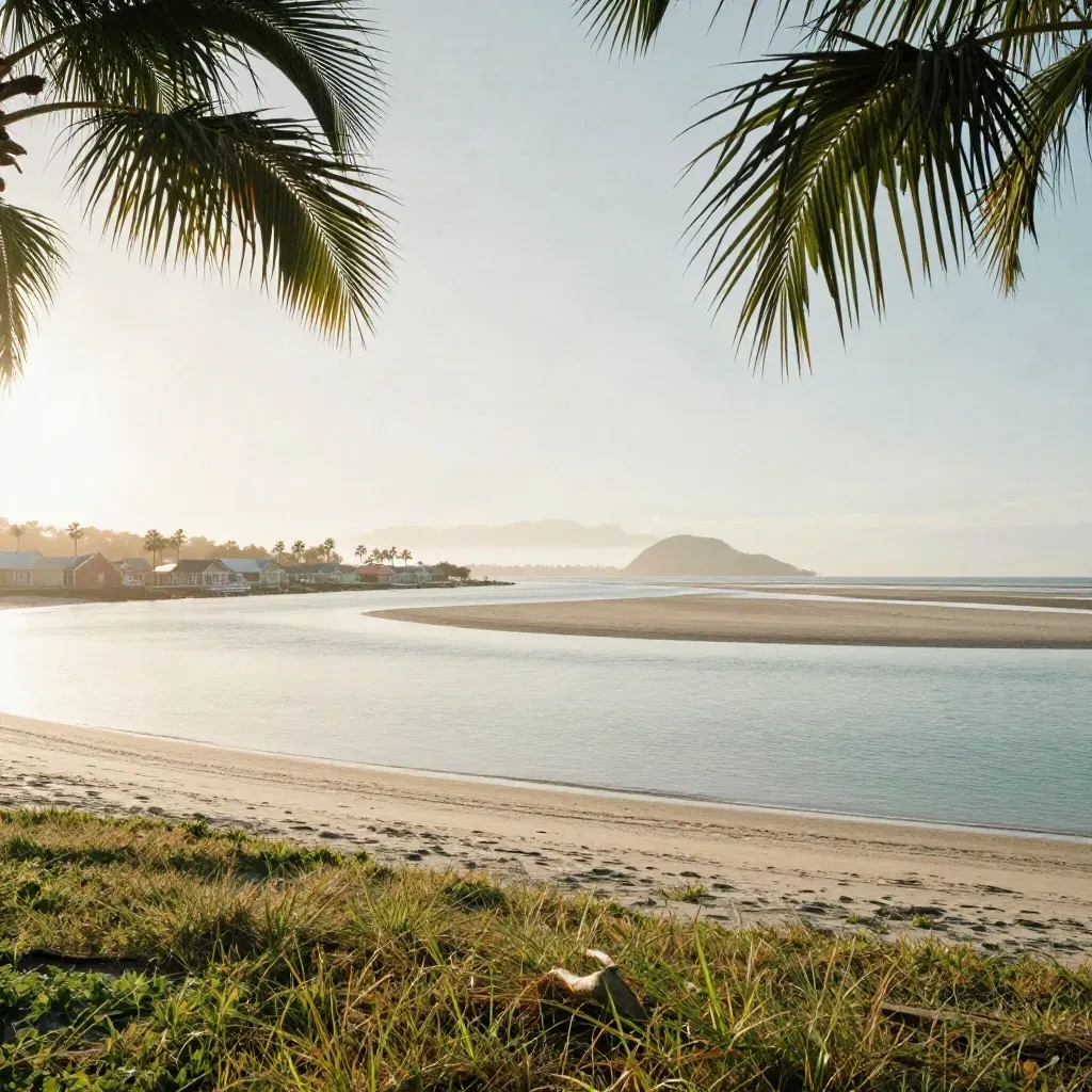 Palm-lined inlet with pastel marina roofs, still water, and a glowing barrier island horizon.