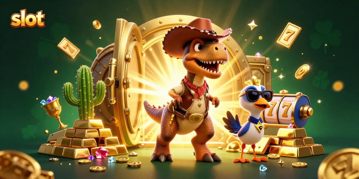 Menampilkan permainan slot dengan karakter dinosaur koboi 3D dan elemen permainan yang menarik.