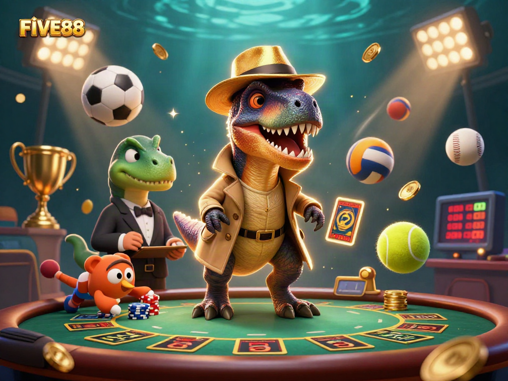 Experience thrilling gameplay at FIVE88 with a velociraptor card counter and animated casino elements.